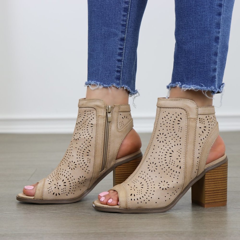 Taupe Peep Toe Heel Sandal Bootie Laser Cut Design - Picture 7 of 8